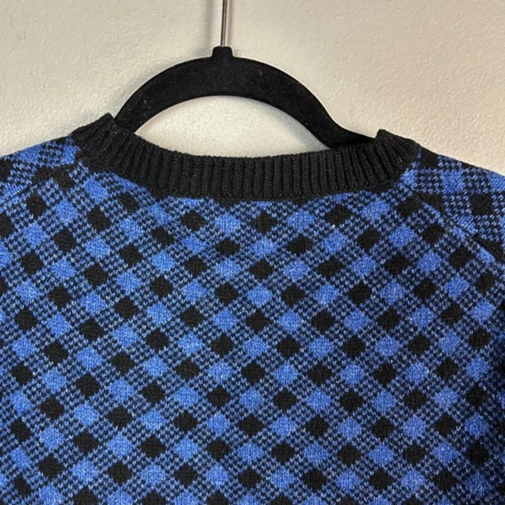 J Crew Lambswool Sweater Men's Small Blue‎ Black Gingham Check Crew Neck Preppy